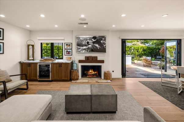 Fireplace, Interior, Living room, Recessed Lighting, Wood Texture Flooring