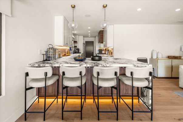Interior, Kitchen, Pendant Lights, Recessed Lighting, Stainless Steel Appliances, Wood Texture Flooring