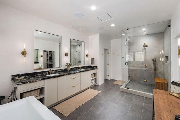 Bathroom, Dual Sink Vanities, Glass Shower, Interior, Recessed Lighting