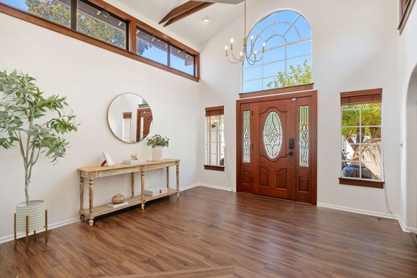 Chandelier, Interior, Recessed Lighting, Wooden Beams, Wood Texture Flooring