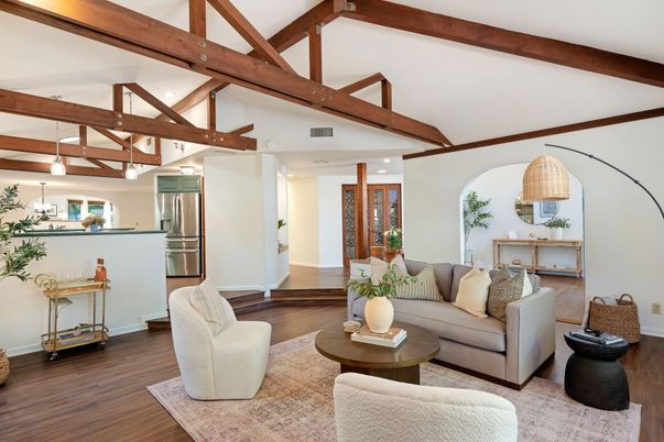 Interior, Kitchen, Living room, Pendant Lights, Recessed Lighting, Stainless Steel Appliances, Wooden Beams, Wood Texture Flooring