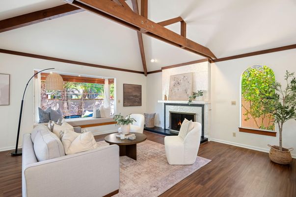 Fireplace, Interior, Living room, Recessed Lighting, Wooden Beams, Wood Texture Flooring