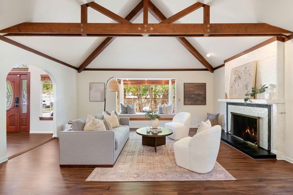 Fireplace, Interior, Living room, Recessed Lighting, Wooden Beams, Wood Texture Flooring