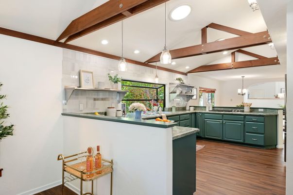 Interior, Kitchen, Pendant Lights, Recessed Lighting, Stainless Steel Appliances, Wooden Beams, Wood Texture Flooring