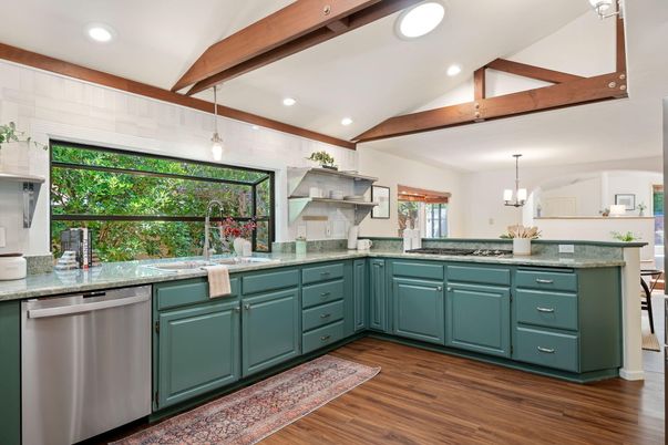 Chandelier, Interior, Kitchen, Pendant Lights, Recessed Lighting, Stainless Steel Appliances, Wooden Beams, Wood Texture Flooring