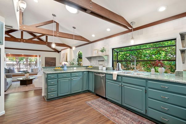 Interior, Kitchen, Living room, Pendant Lights, Recessed Lighting, Stainless Steel Appliances, Wooden Beams, Wood Texture Flooring