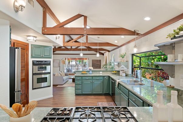 Interior, Kitchen, Living room, Pendant Lights, Recessed Lighting, Stainless Steel Appliances, Wooden Beams, Wood Texture Flooring