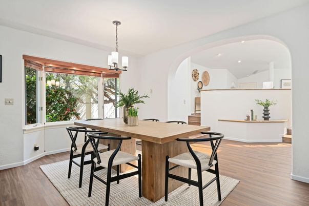 Dining room, Interior, Pendant Lights, Recessed Lighting, Wood Texture Flooring