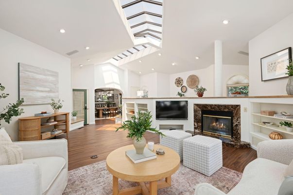 Fireplace, Interior, Living room, Recessed Lighting, Wood Texture Flooring