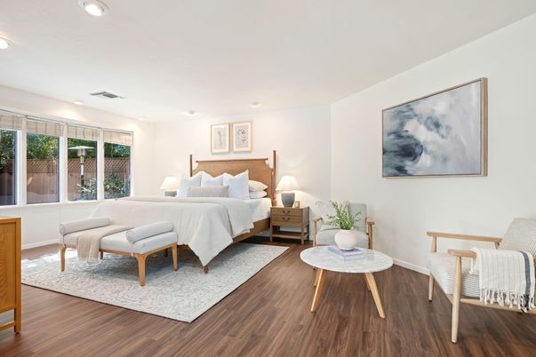 Bedroom, Interior, Recessed Lighting, Wood Texture Flooring