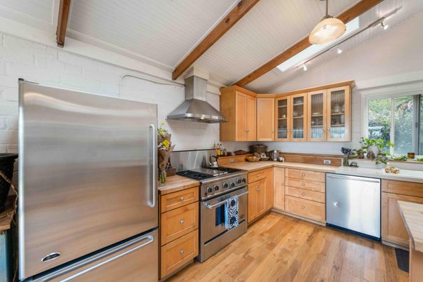 Interior, Kitchen, Pendant Lights, Stainless Steel Appliances, Wooden Beams, Wood Texture Flooring