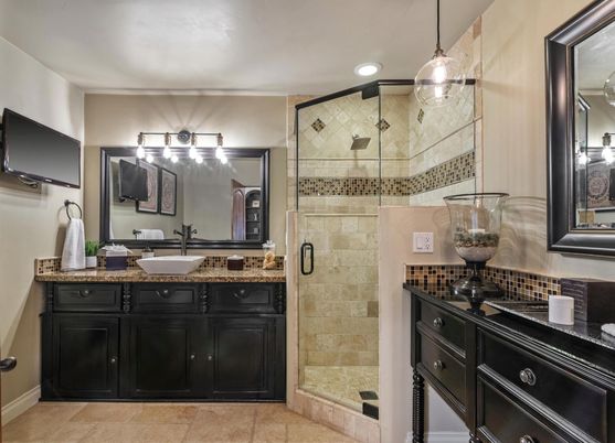Bathroom, Glass Shower, Interior, Pendant Lights, Recessed Lighting, Stone Walls