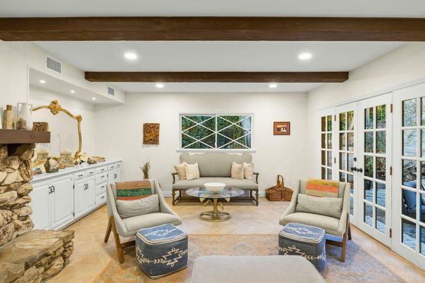 Fireplace, Interior, Living room, Recessed Lighting, Stone Walls, Wooden Beams, Wood Texture Flooring