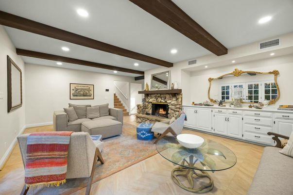 Fireplace, Interior, Living room, Recessed Lighting, Wooden Beams, Wood Texture Flooring