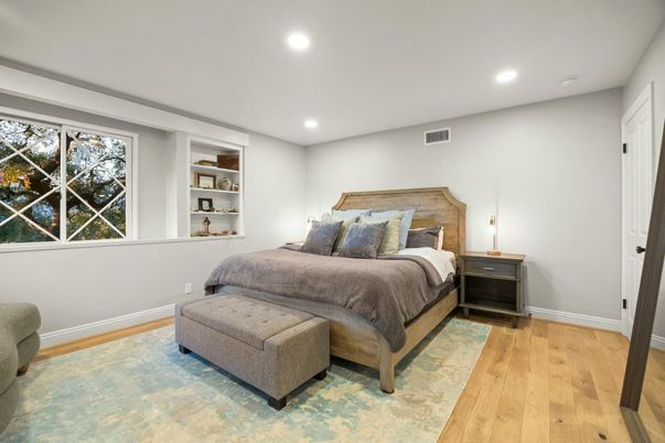 Bedroom, Interior, Recessed Lighting, Wood Texture Flooring