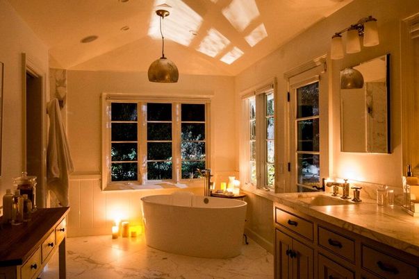 Bathroom, Dual Sink Vanities, Free Standing Baths, Interior, Marble, Pendant Lights, Recessed Lighting
