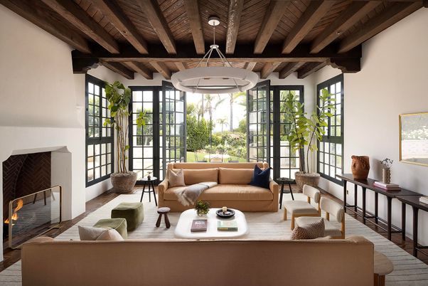Fireplace, Interior, Living room, Pendant Lights, Wooden Beams, Wooden Ceilings, Wood Texture Flooring