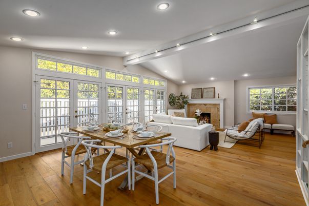 Dining room, Fireplace, Interior, Living room, Recessed Lighting, Wood Texture Flooring