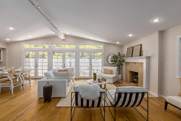 Dining room, Fireplace, Interior, Living room, Recessed Lighting, Wood Texture Flooring