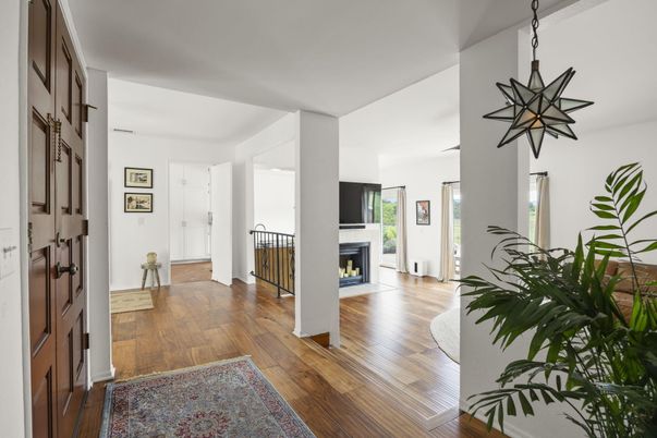 Fireplace, Interior, Pendant Lights, Wood Texture Flooring