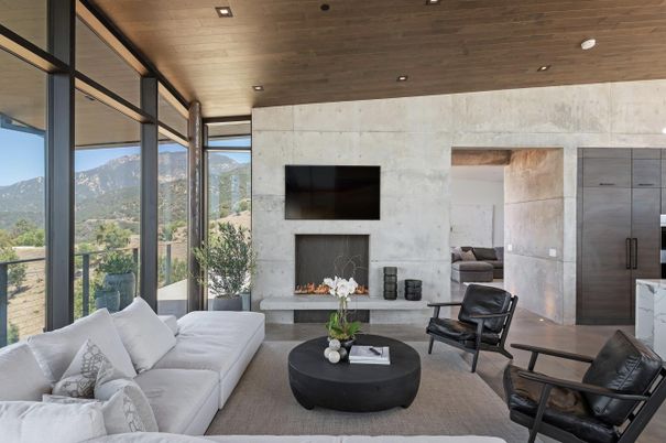 Fireplace, Interior, Living room, Recessed Lighting, Stone Walls, Wooden Ceilings