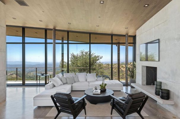 Fireplace, Interior, Living room, Recessed Lighting, Water, Wooden Ceilings