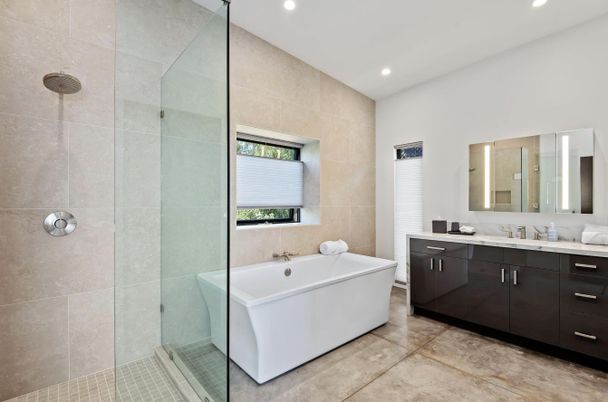 Bathroom, Dual Sink Vanities, Free Standing Baths, Glass Shower, Interior, Recessed Lighting