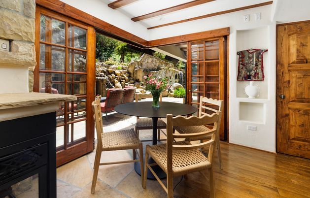 Dining room, Fireplace, Interior, Wooden Beams, Wood Texture Flooring