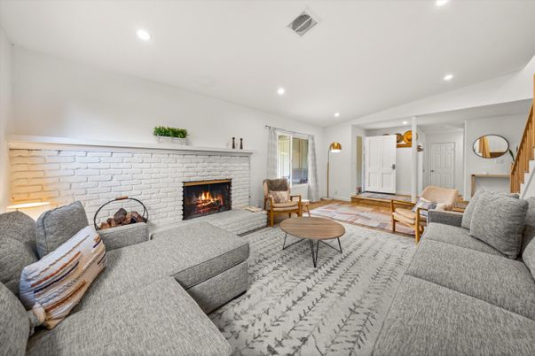 Fireplace, Interior, Living room, Recessed Lighting, Stone Walls
