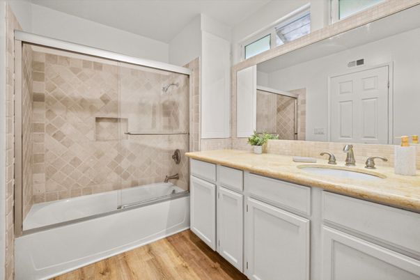 Bathroom, Glass Shower, Interior, Wood Texture Flooring