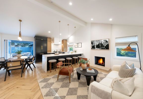Dining room, Fireplace, Interior, Kitchen, Living room, Pendant Lights, Recessed Lighting, Wood Texture Flooring