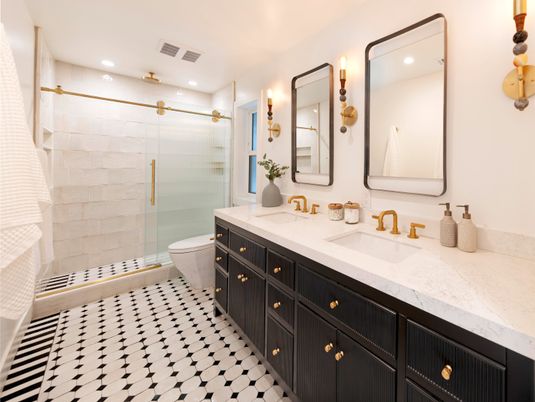 Bathroom, Dual Sink Vanities, Glass Shower, Interior, Recessed Lighting