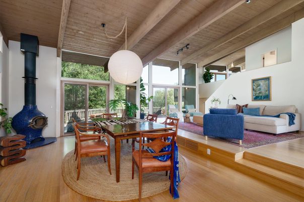 Dining room, Interior, Living room, Pendant Lights, Wooden Beams, Wooden Ceilings, Wood Texture Flooring