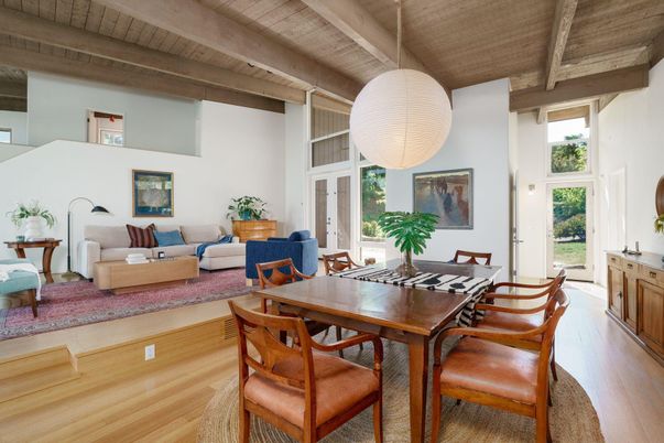 Dining room, Interior, Living room, Pendant Lights, Wooden Beams, Wooden Ceilings, Wood Texture Flooring
