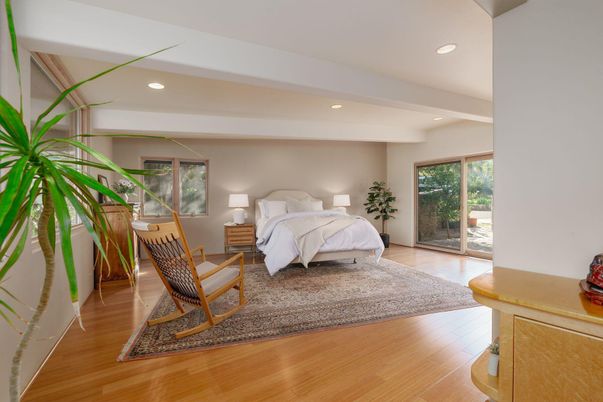 Bedroom, Interior, Recessed Lighting, Wood Texture Flooring