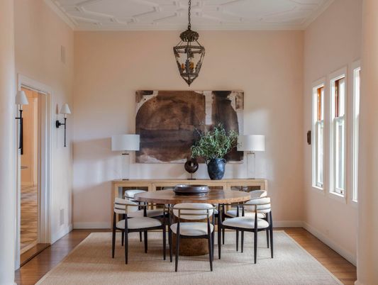Dining room, Interior, Pendant Lights, Wood Texture Flooring