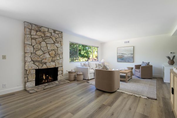 Fireplace, Interior, Living room, Stone Walls, Wood Texture Flooring