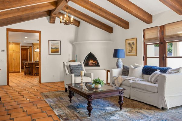 Chandelier, Fireplace, Interior, Living room, Pendant Lights, Recessed Lighting, Wooden Beams