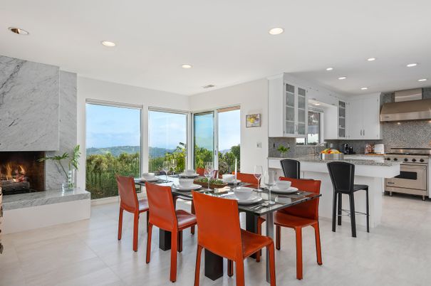 Dining room, Fireplace, Interior, Kitchen, Recessed Lighting, Stainless Steel Appliances, Water