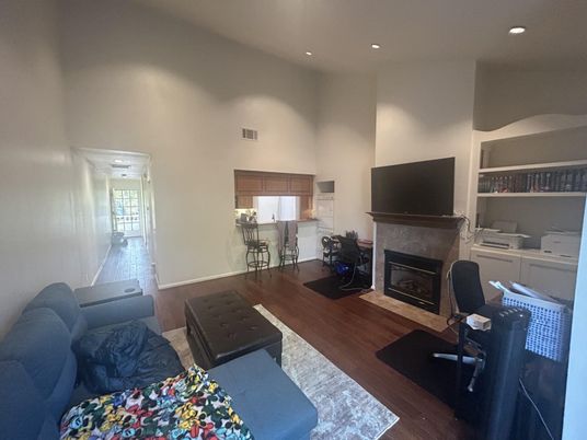 Fireplace, Home Office, Interior, Recessed Lighting, Wood Texture Flooring