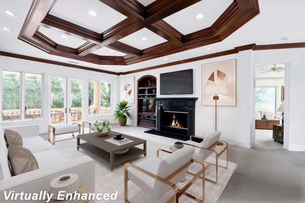 Fireplace, Interior, Living room, Recessed Lighting, Wooden Beams