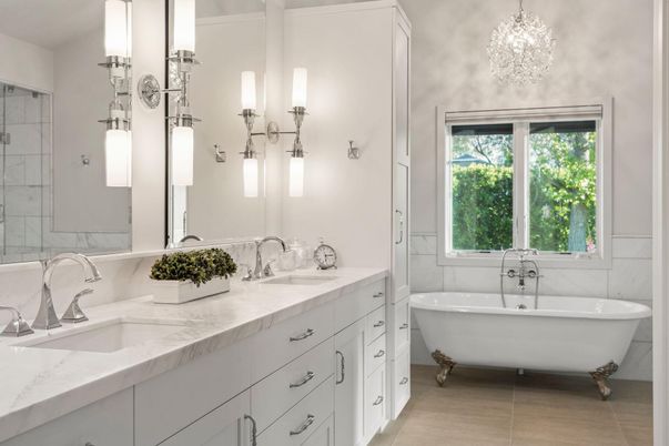 Bathroom, Chandelier, Dual Sink Vanities, Free Standing Baths, Interior