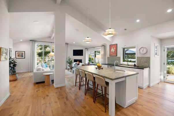 Dining room, Fireplace, Interior, Living room, Pendant Lights, Recessed Lighting, Wood Texture Flooring