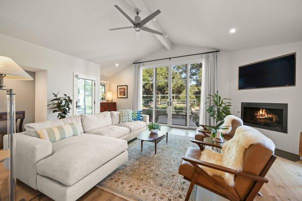 Fireplace, Interior, Living room, Recessed Lighting, Wood Texture Flooring