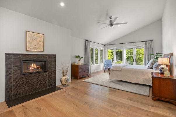 Bedroom, Fireplace, Interior, Recessed Lighting, Wood Texture Flooring
