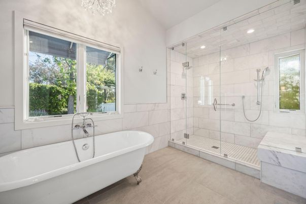 Bathroom, Free Standing Baths, Glass Shower, Interior, Marble Walls, Recessed Lighting