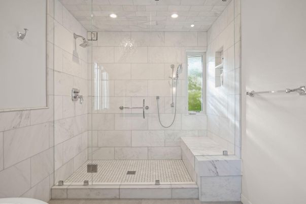 Bathroom, Glass Shower, Interior, Marble Walls, Recessed Lighting