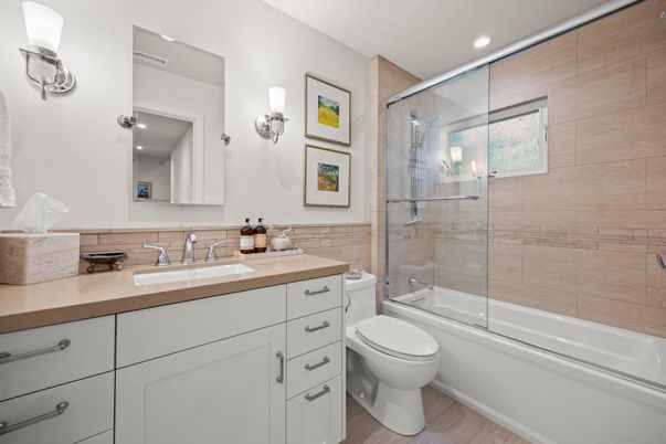 Bathroom, Glass Shower, Interior, Recessed Lighting, Wood Texture Flooring
