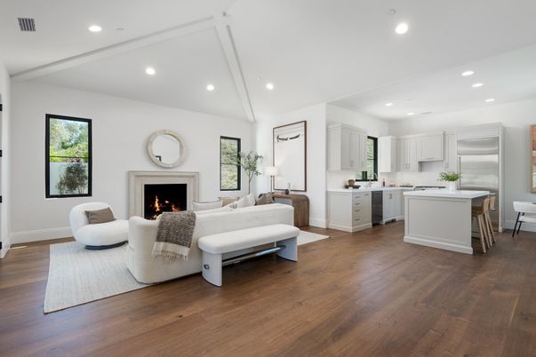 Fireplace, Interior, Kitchen, Living room, Recessed Lighting, Wood Texture Flooring
