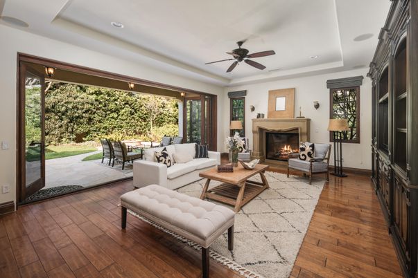 Fireplace, Interior, Living room, Recessed Lighting, Wood Texture Flooring